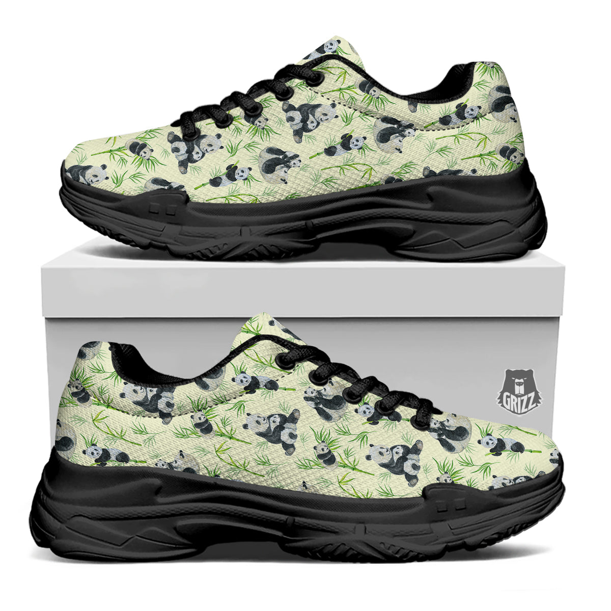 Panda Bamboo And Baby Print Pattern Black Chunky Shoes-grizzshop