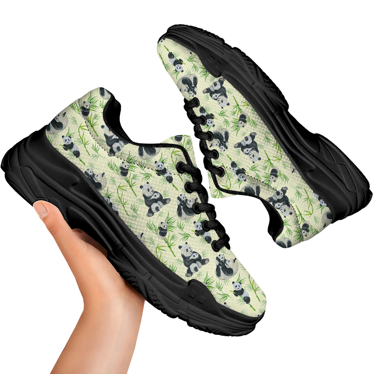 Panda Bamboo And Baby Print Pattern Black Chunky Shoes-grizzshop