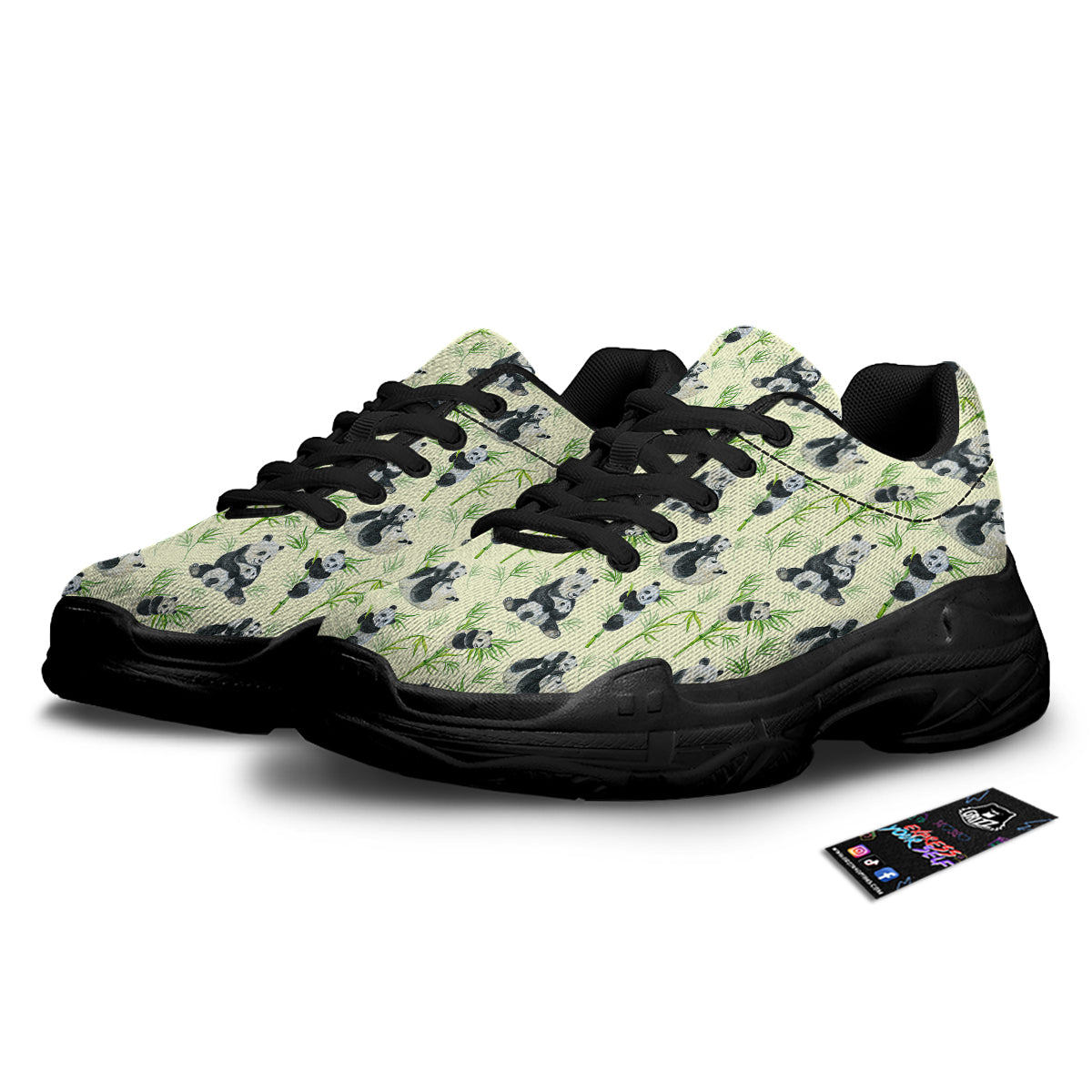 Panda Bamboo And Baby Print Pattern Black Chunky Shoes-grizzshop