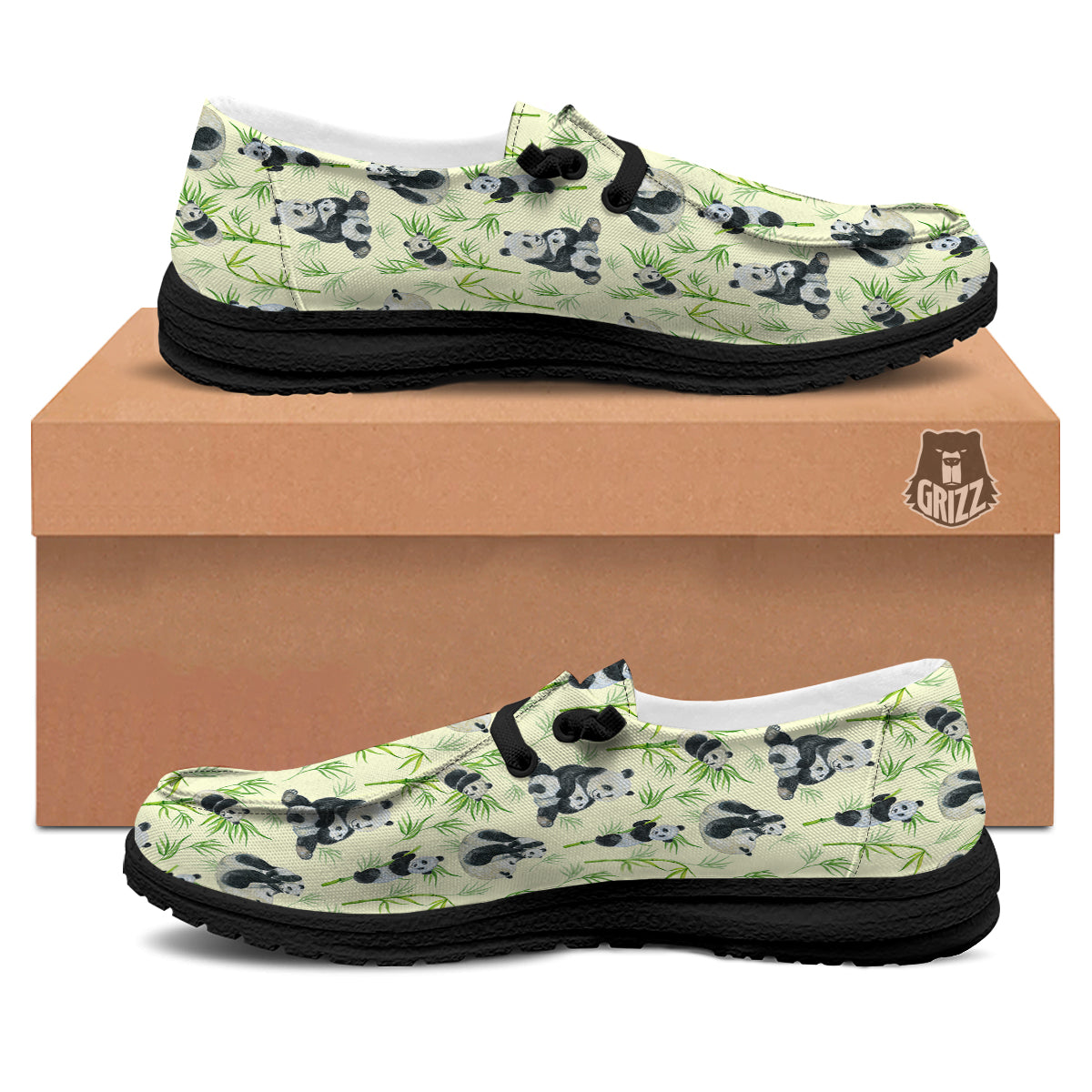 Panda Bamboo And Baby Print Pattern Black Loafers-grizzshop