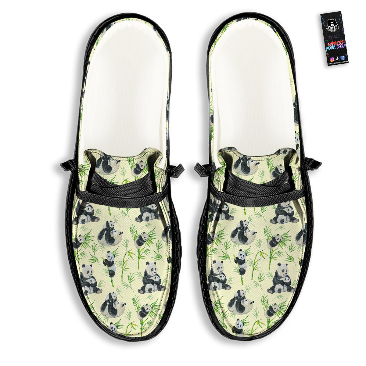 Panda Bamboo And Baby Print Pattern Black Loafers-grizzshop