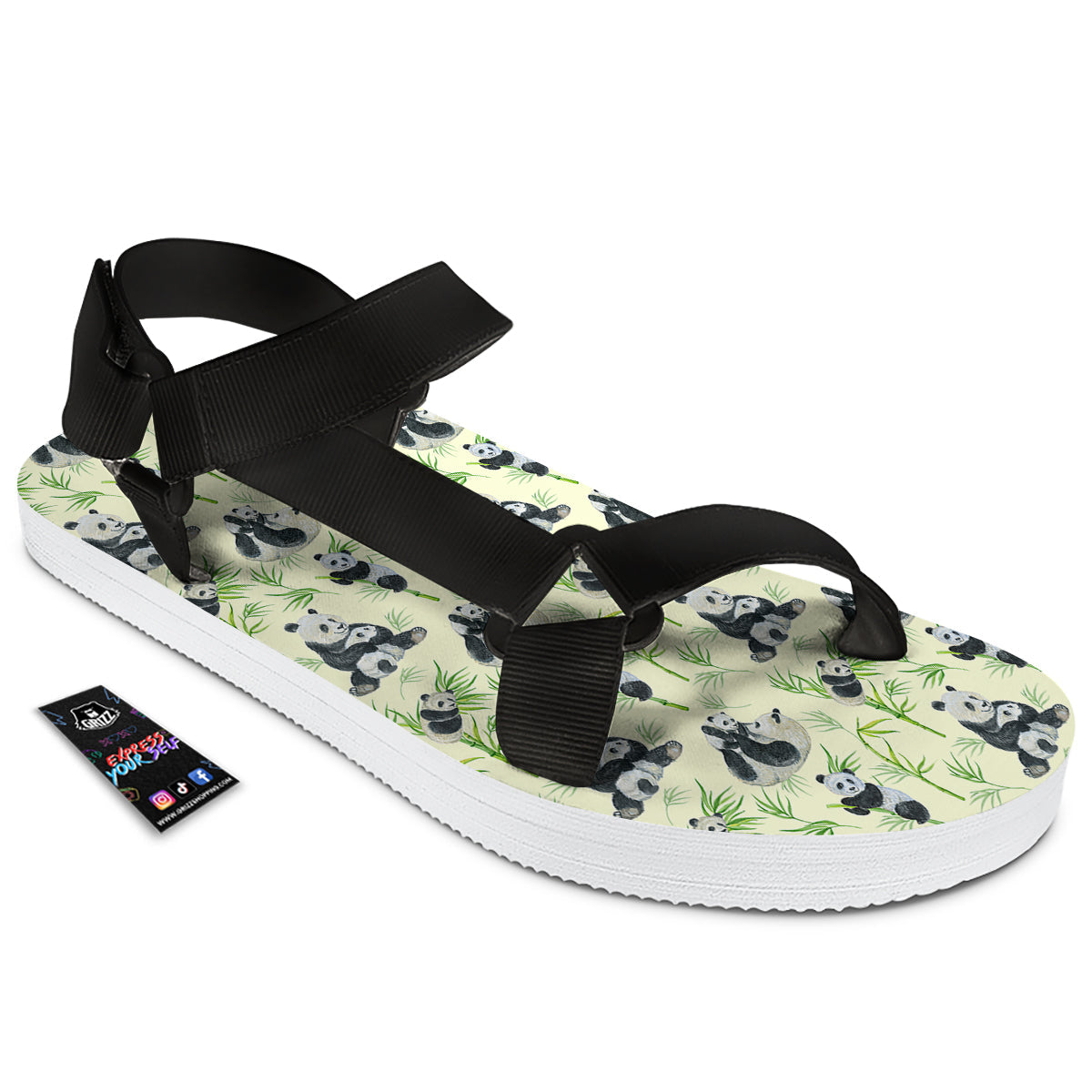 Panda Bamboo And Baby Print Pattern Black Open Toe Sandals-grizzshop