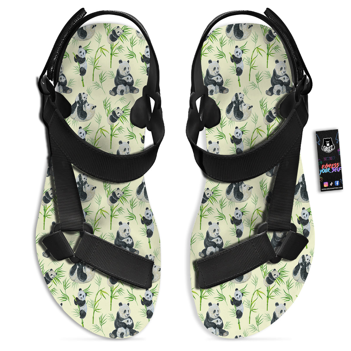 Panda Bamboo And Baby Print Pattern Black Open Toe Sandals-grizzshop