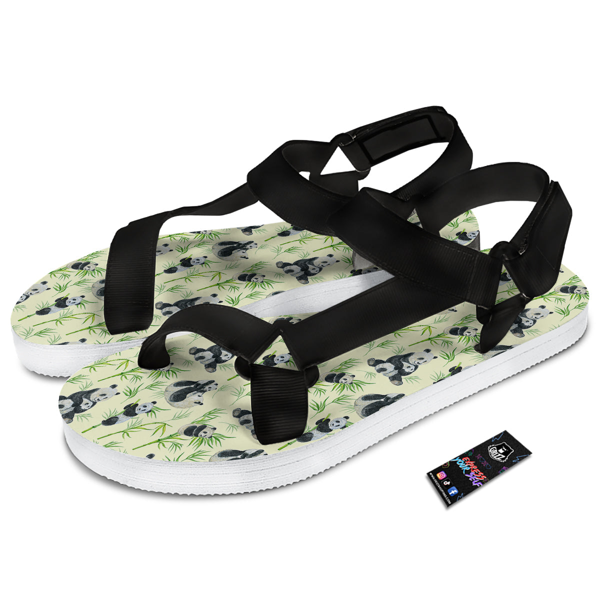 Panda Bamboo And Baby Print Pattern Black Open Toe Sandals-grizzshop