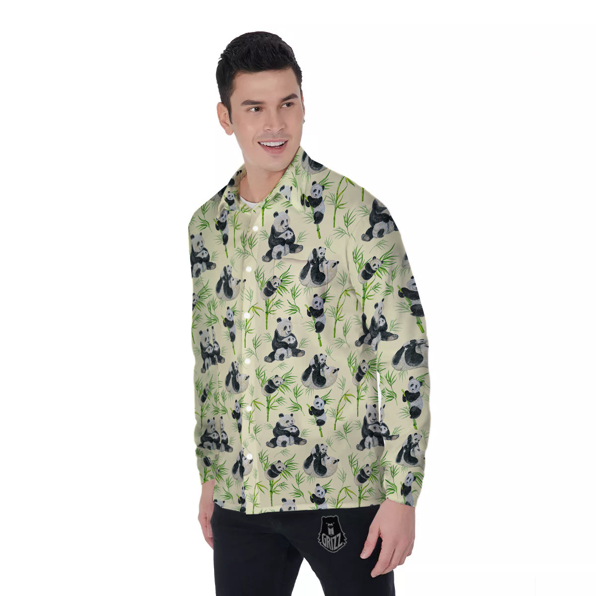 Panda Bamboo And Baby Print Pattern Men's Long Sleeve Shirts-grizzshop
