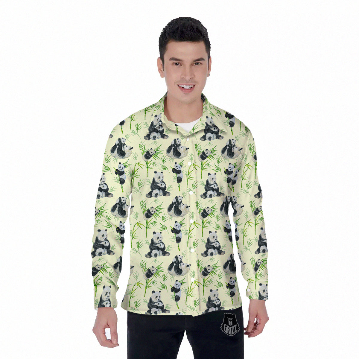 Panda Bamboo And Baby Print Pattern Men's Long Sleeve Shirts-grizzshop