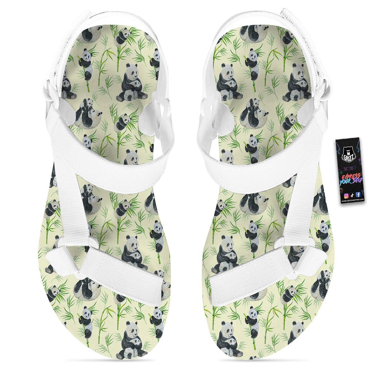 Panda Bamboo And Baby Print Pattern White Open Toe Sandals-grizzshop