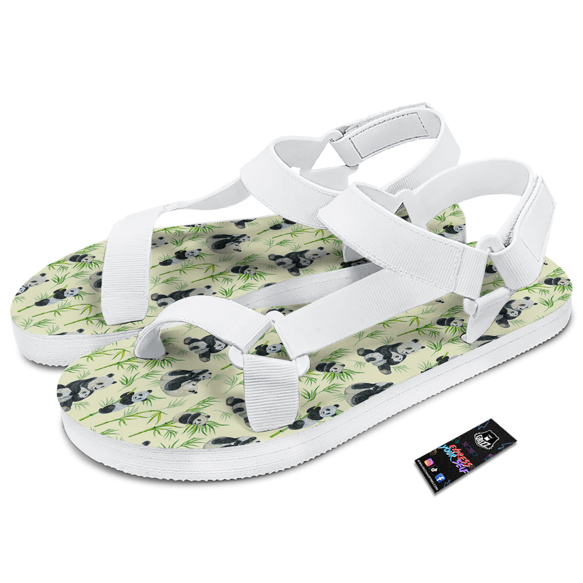 Panda Bamboo And Baby Print Pattern White Open Toe Sandals-grizzshop