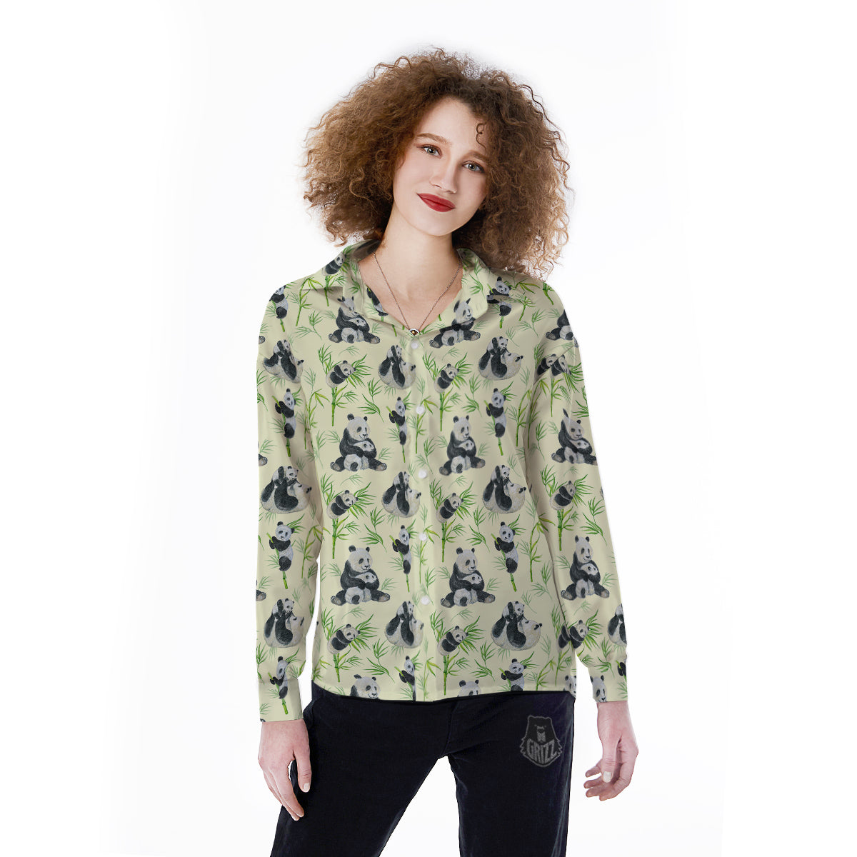 Panda Bamboo And Baby Print Pattern Women's Long Sleeve Shirts-grizzshop