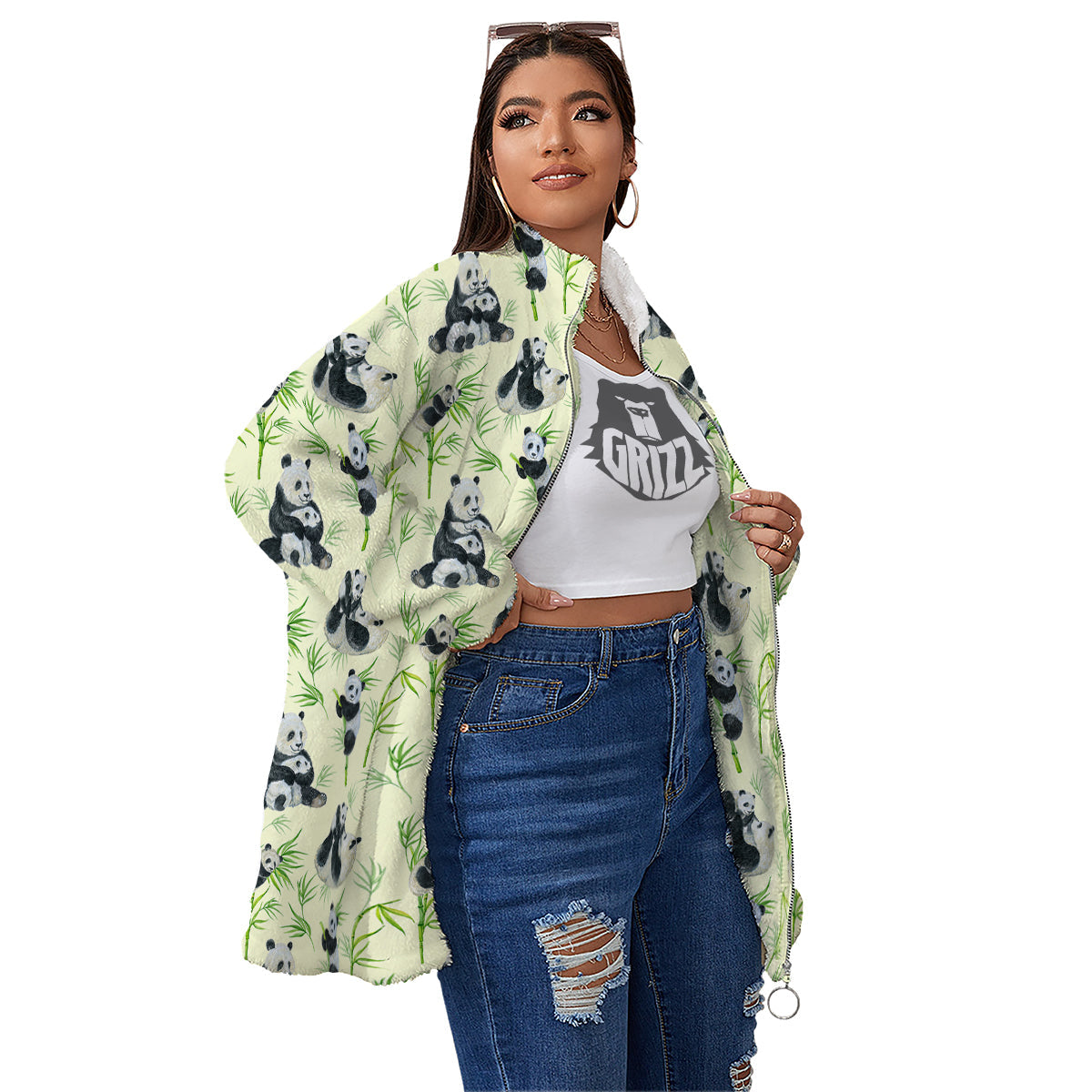 Panda Bamboo And Baby Print Pattern Women's Sherpa Jacket-grizzshop