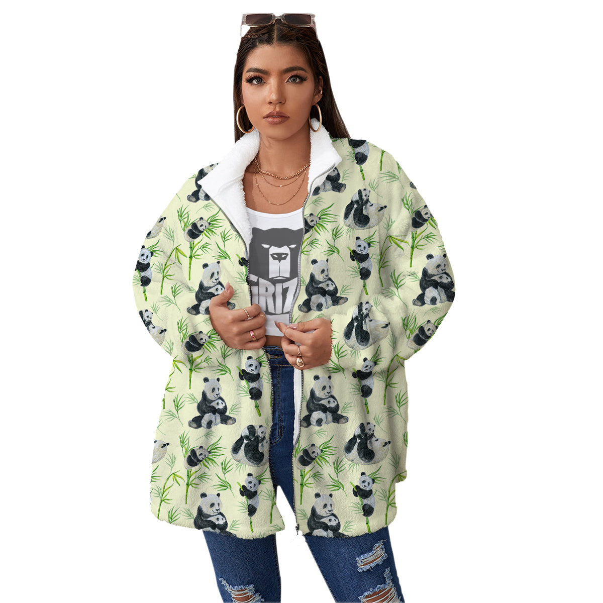 Panda Bamboo And Baby Print Pattern Women's Sherpa Jacket-grizzshop