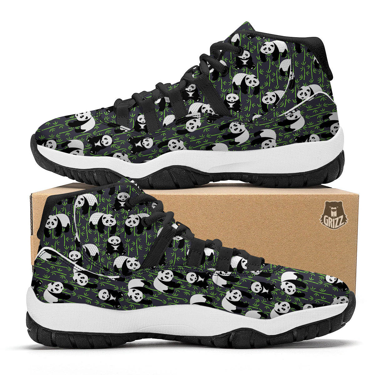 Panda Bamboo Pattern Print Black Bball Shoes-grizzshop