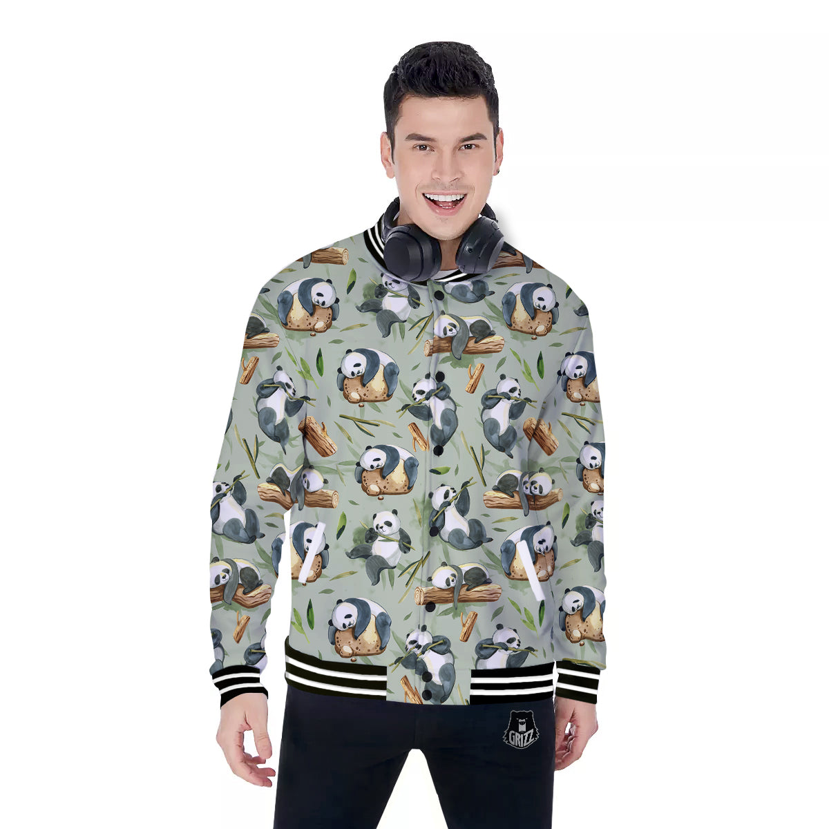 Panda Bear Watercolor Print Pattern Baseball Jacket-grizzshop