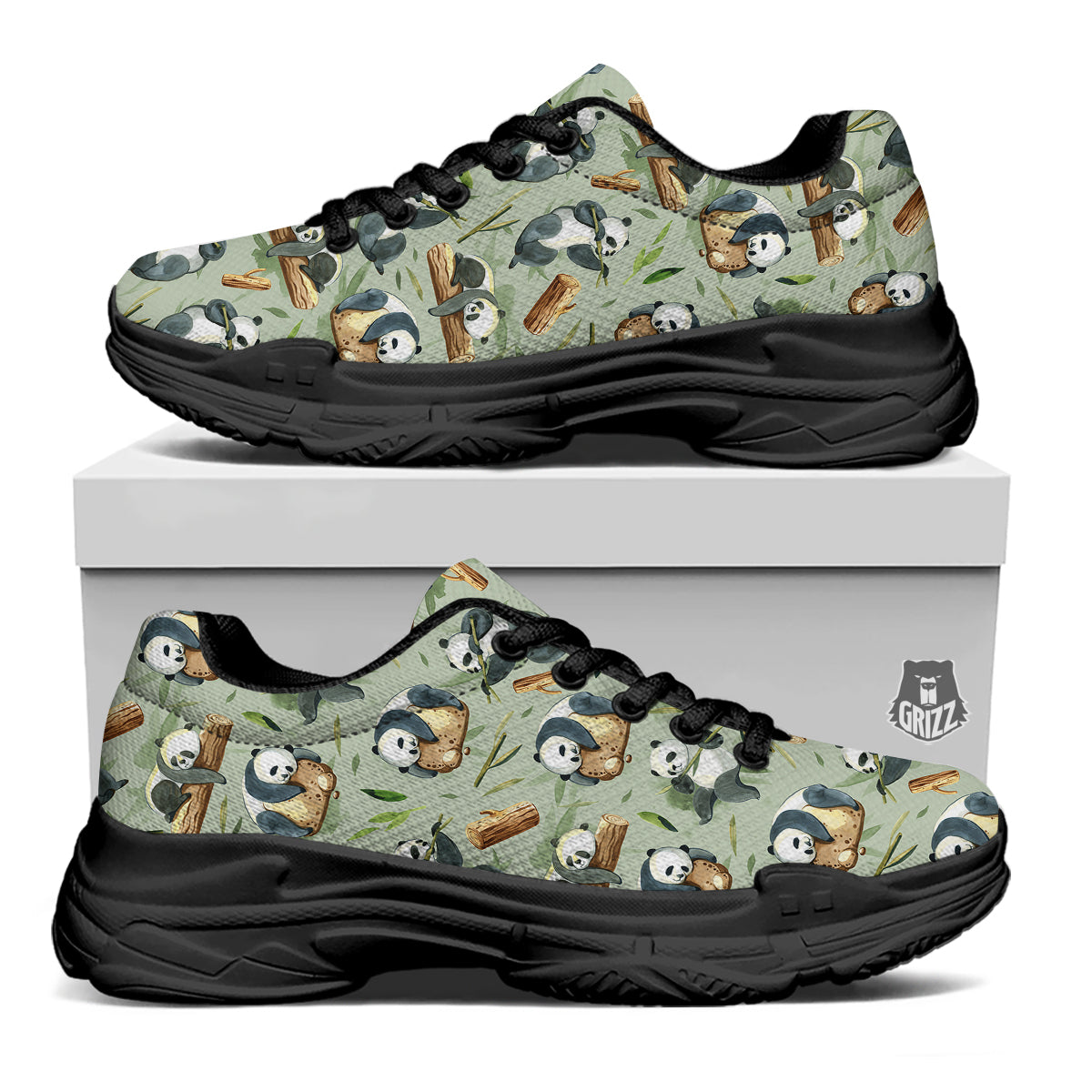Panda Bear Watercolor Print Pattern Black Chunky Shoes-grizzshop