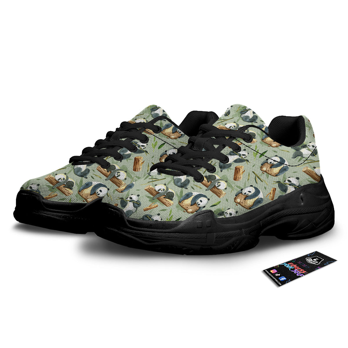 Panda Bear Watercolor Print Pattern Black Chunky Shoes-grizzshop