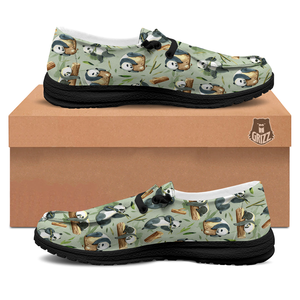 Panda Bear Watercolor Print Pattern Black Loafers-grizzshop
