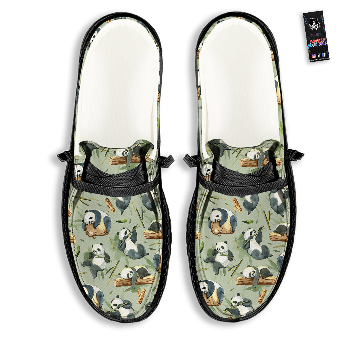 Panda Bear Watercolor Print Pattern Black Loafers-grizzshop