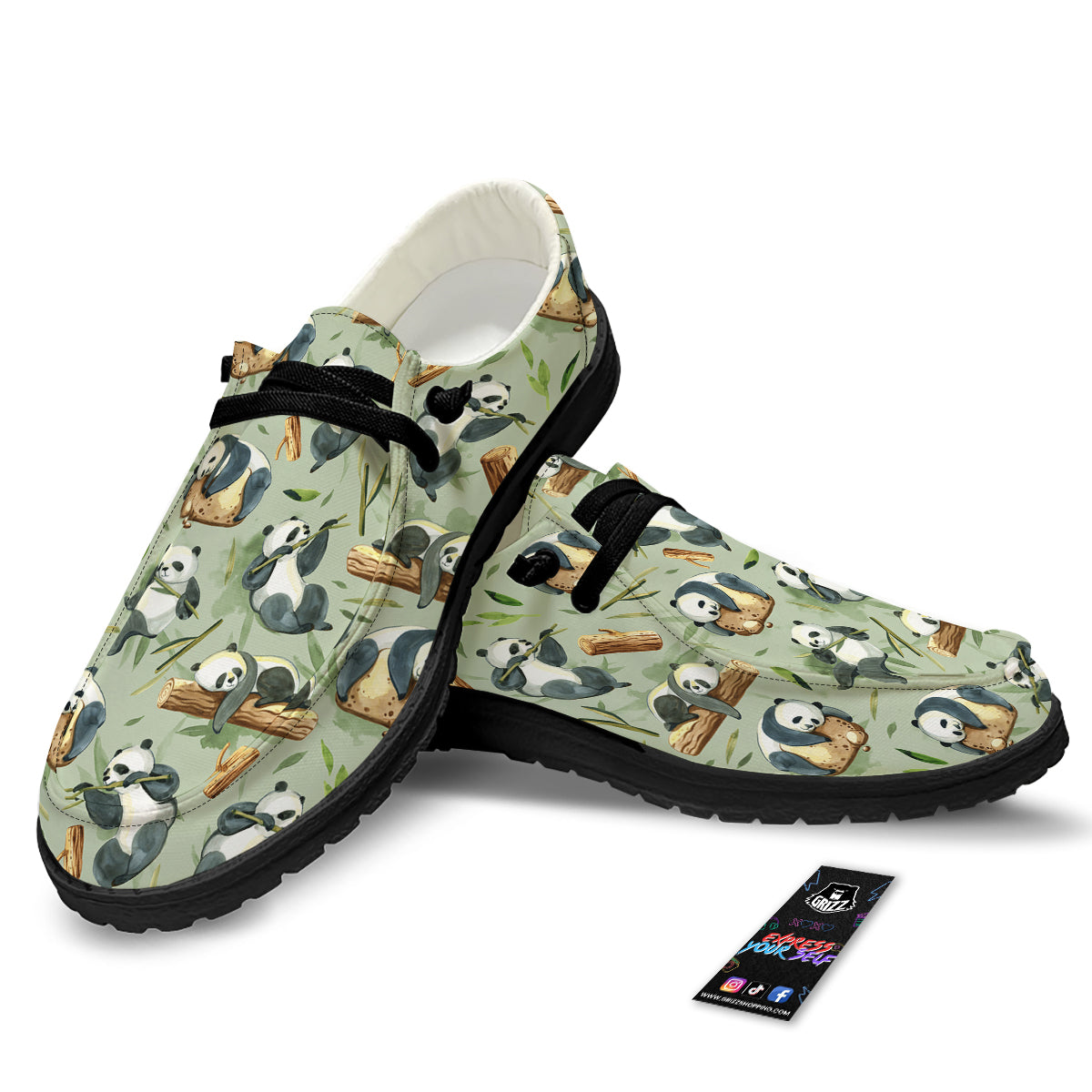 Panda Bear Watercolor Print Pattern Black Loafers-grizzshop