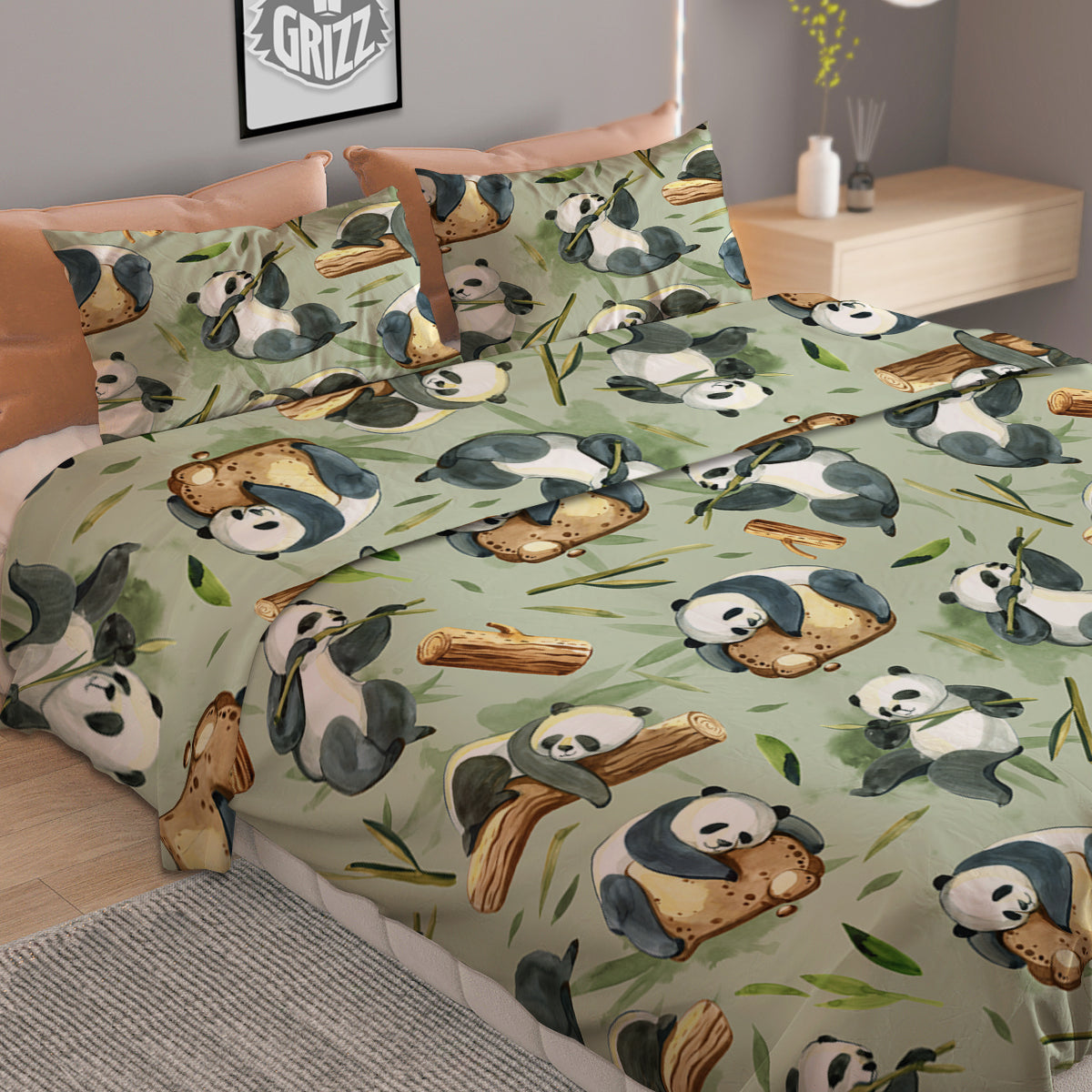 Panda Bear Watercolor Print Pattern Duvet Cover Bedding Set
