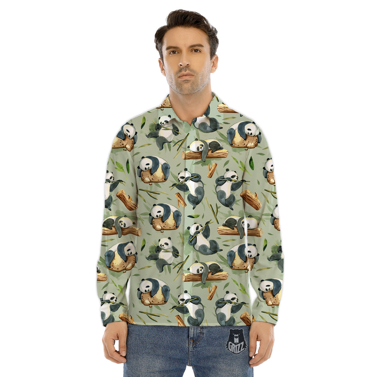 Panda Bear Watercolor Print Pattern Men's Dress Shirts-grizzshop