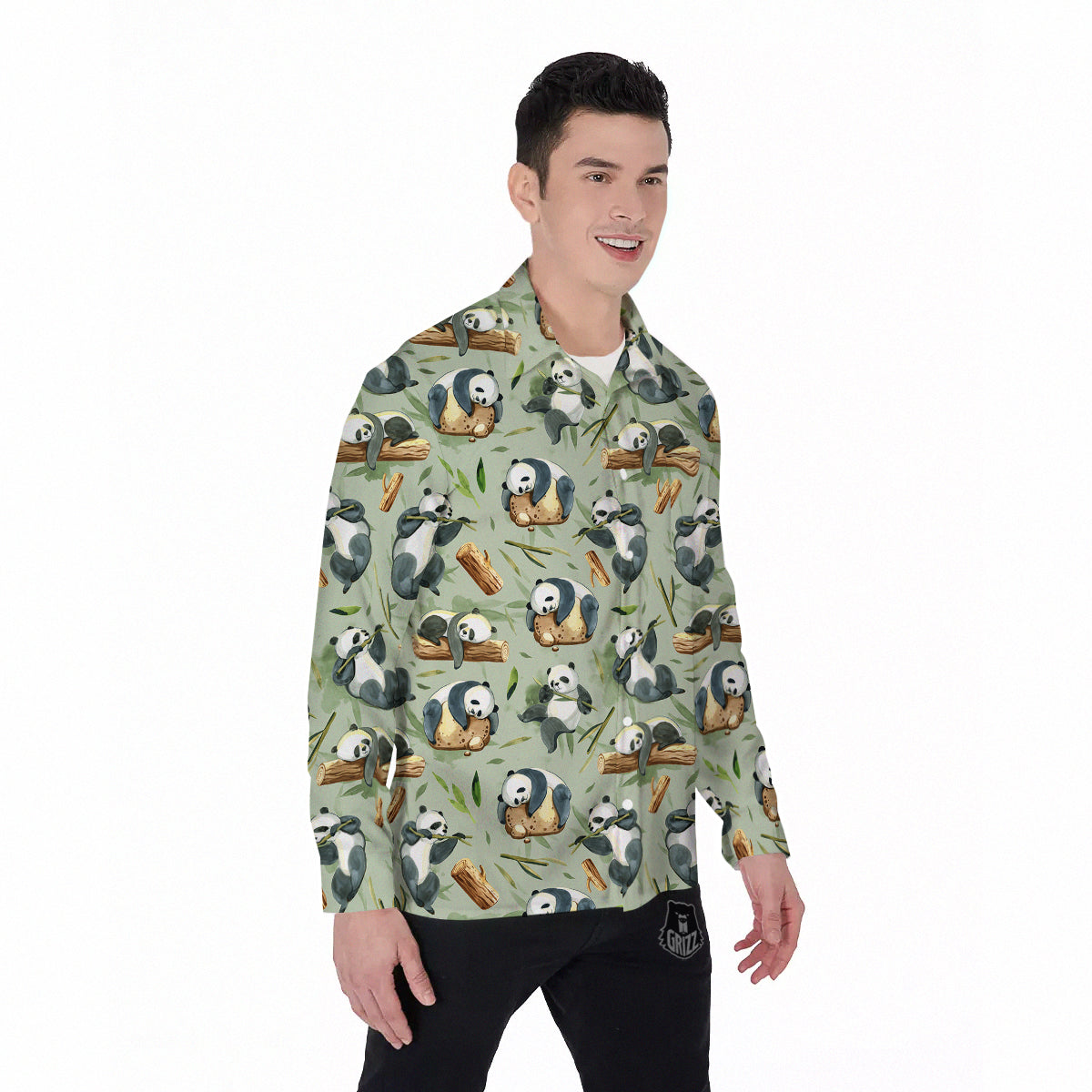 Panda Bear Watercolor Print Pattern Men's Long Sleeve Shirts-grizzshop