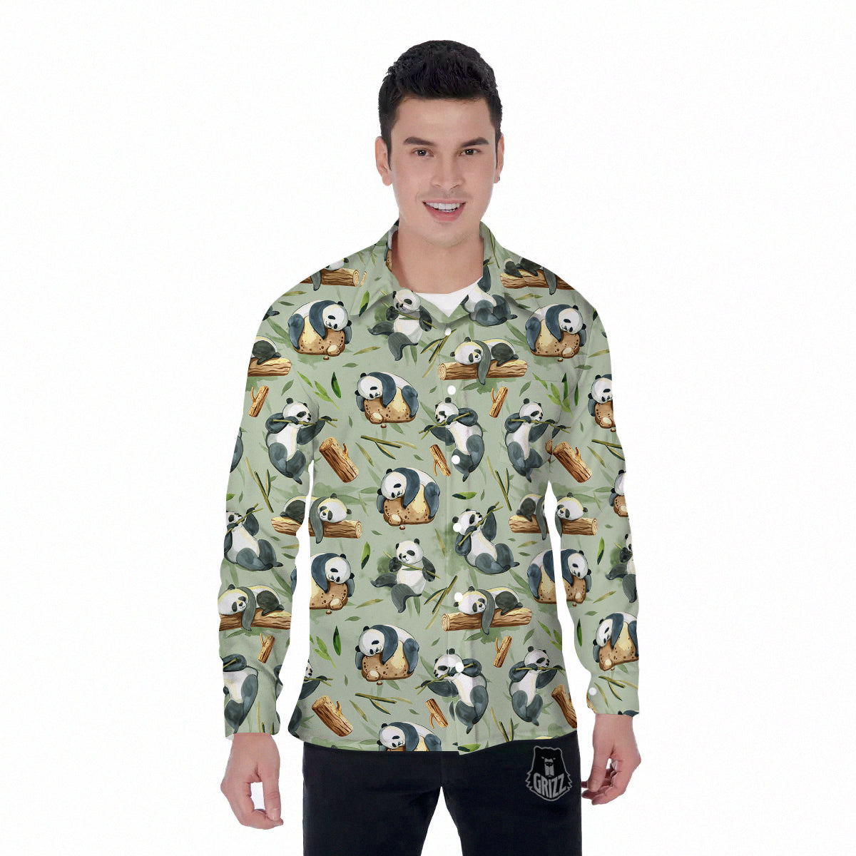 Panda Bear Watercolor Print Pattern Men's Long Sleeve Shirts-grizzshop