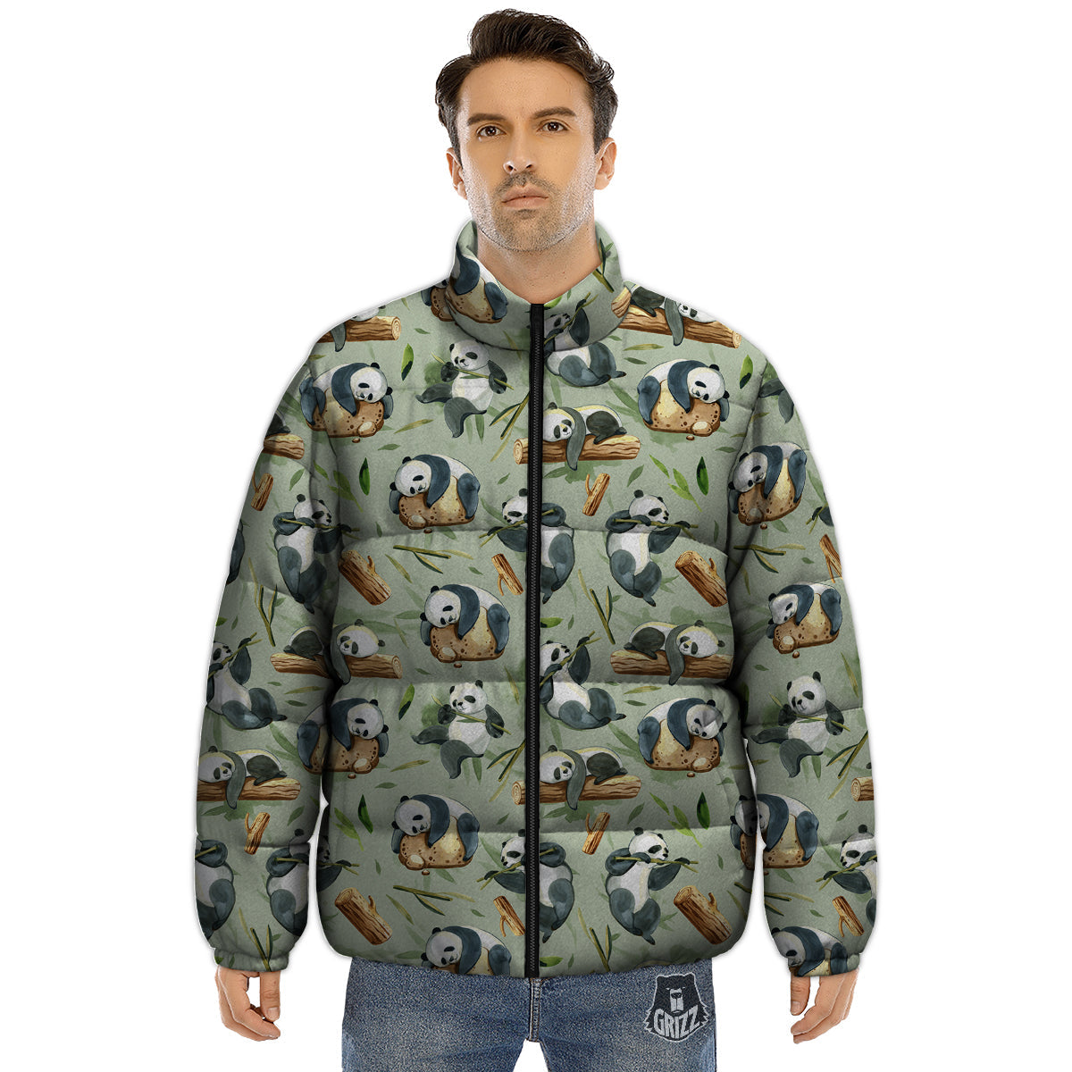 Panda Bear Watercolor Print Pattern Puffer Jacket-grizzshop