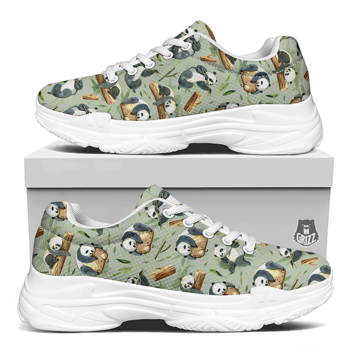 Panda Bear Watercolor Print Pattern White Chunky Shoes-grizzshop