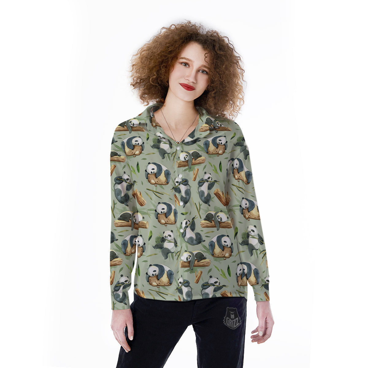 Panda Bear Watercolor Print Pattern Women's Long Sleeve Shirts-grizzshop