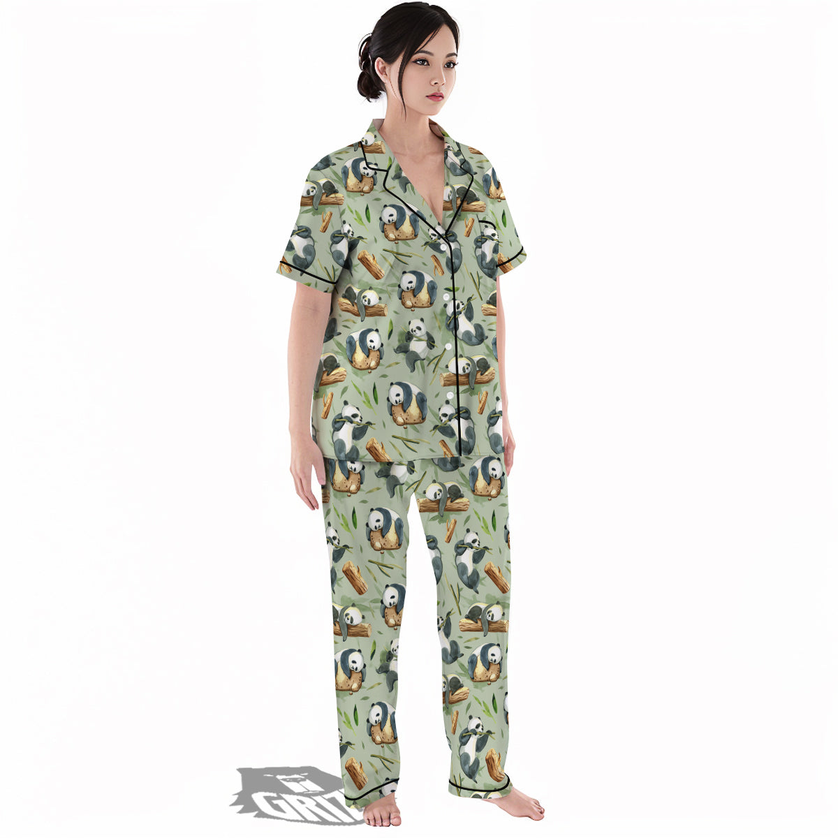Panda Bear Watercolor Print Pattern Women's Pajamas Set-grizzshop