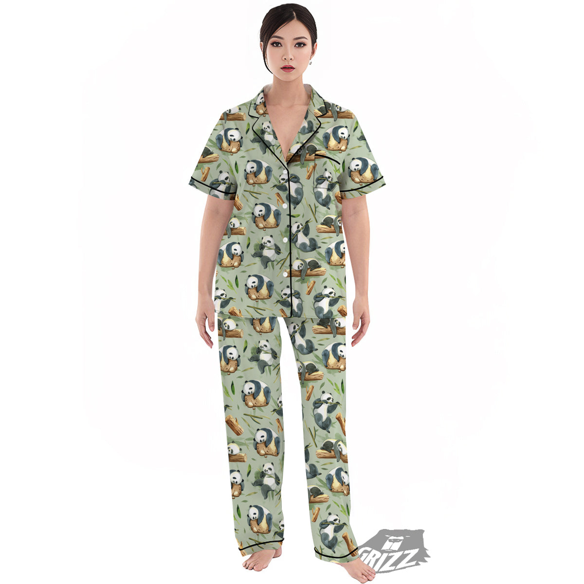 Panda Bear Watercolor Print Pattern Women's Pajamas Set-grizzshop