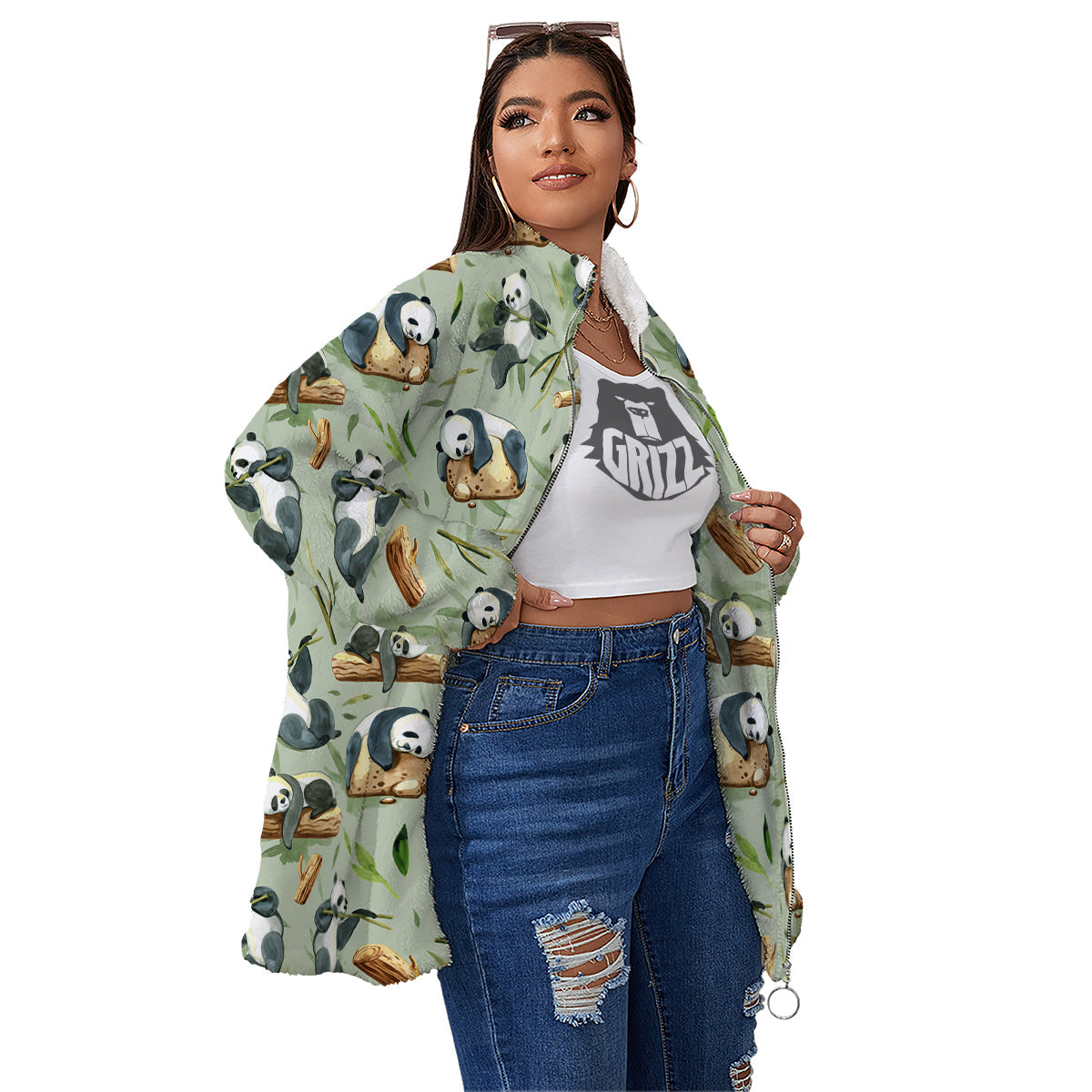 Panda Bear Watercolor Print Pattern Women's Sherpa Jacket-grizzshop