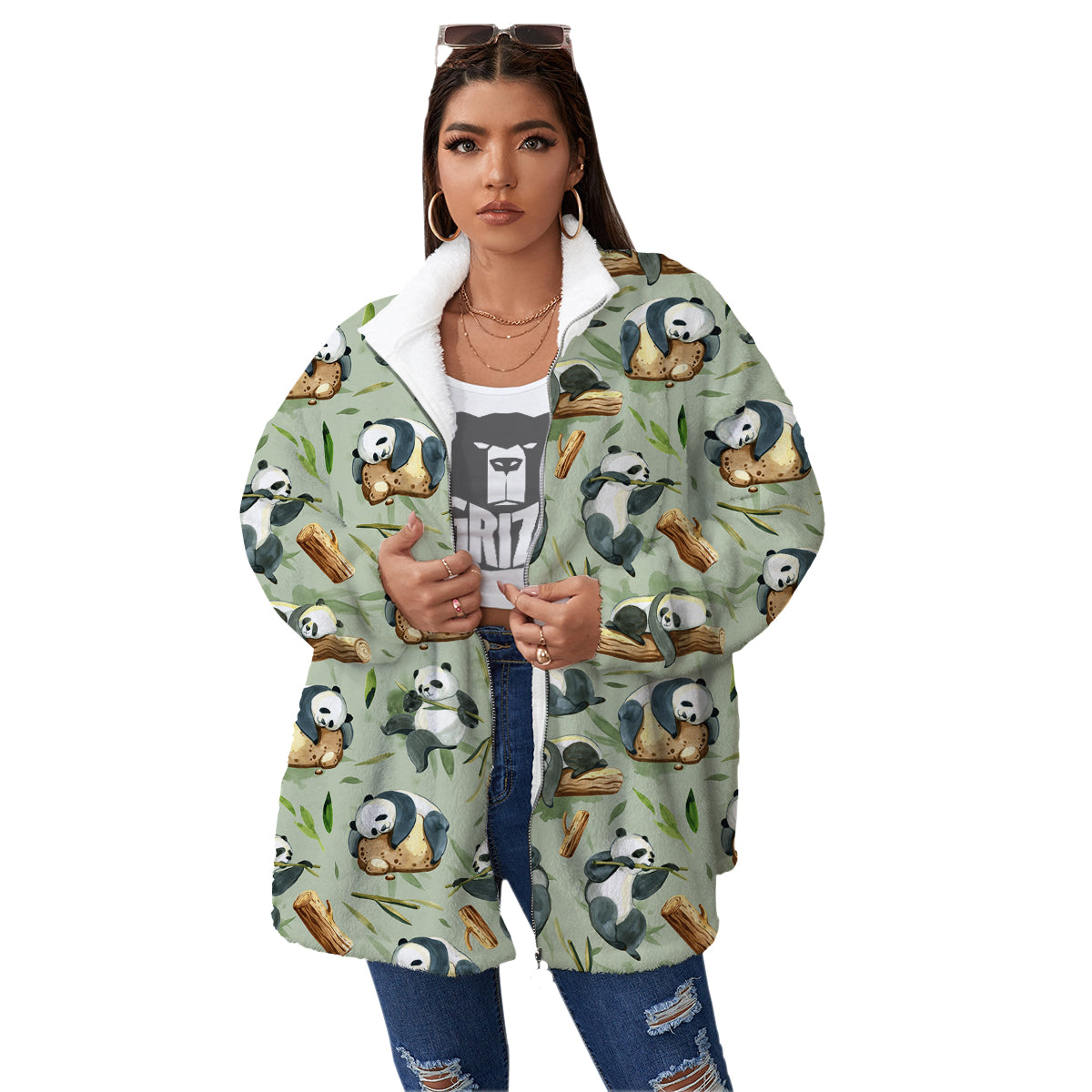 Panda Bear Watercolor Print Pattern Women's Sherpa Jacket-grizzshop