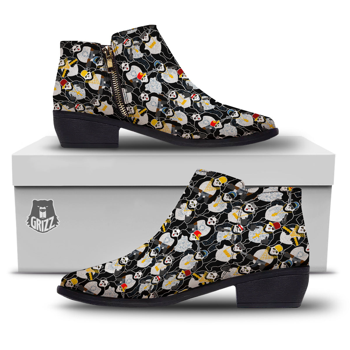 Panda Gangster Gang Print Pattern Ankle Boots-grizzshop