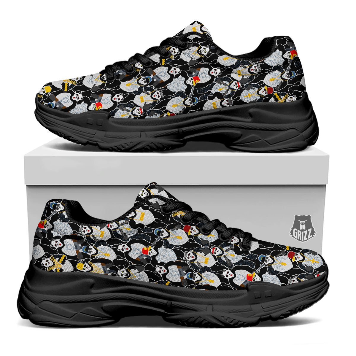 Panda Gangster Gang Print Pattern Black Chunky Shoes-grizzshop