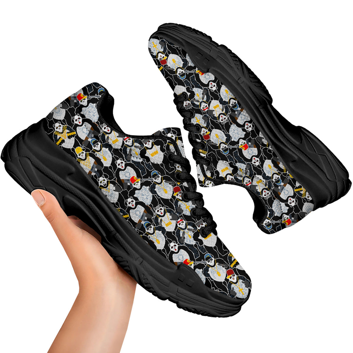Panda Gangster Gang Print Pattern Black Chunky Shoes-grizzshop