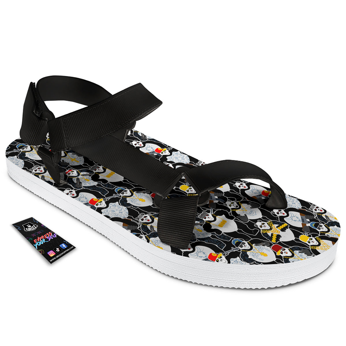 Panda Gangster Gang Print Pattern Black Open Toe Sandals-grizzshop