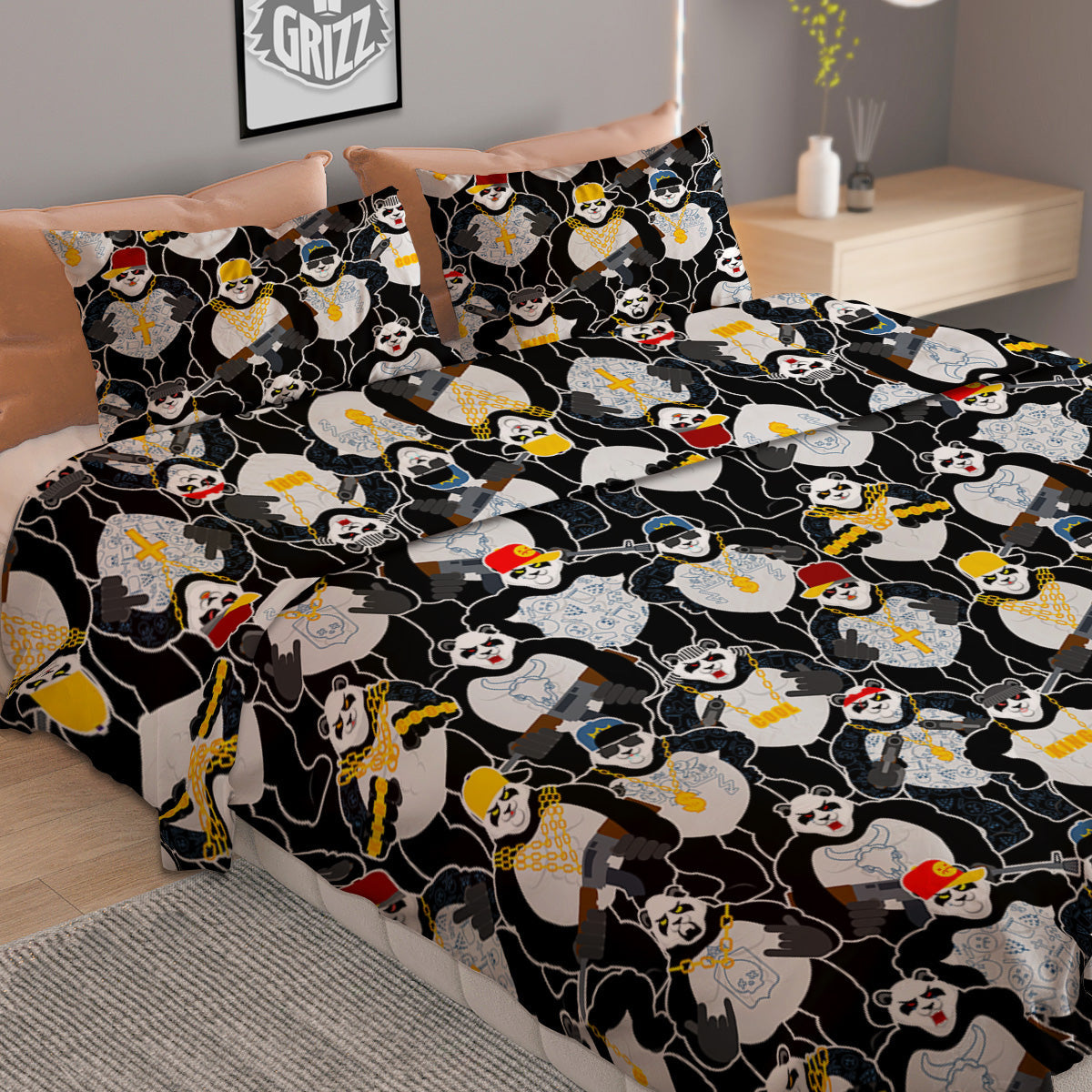 Panda Gangster Gang Print Pattern Duvet Cover Bedding Set