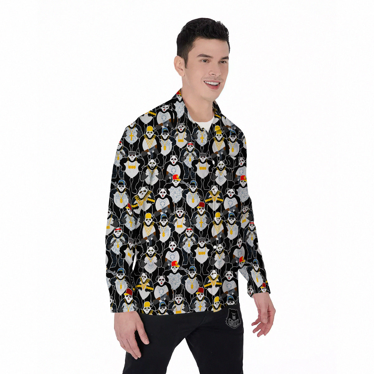 Panda Gangster Gang Print Pattern Men's Long Sleeve Shirts-grizzshop