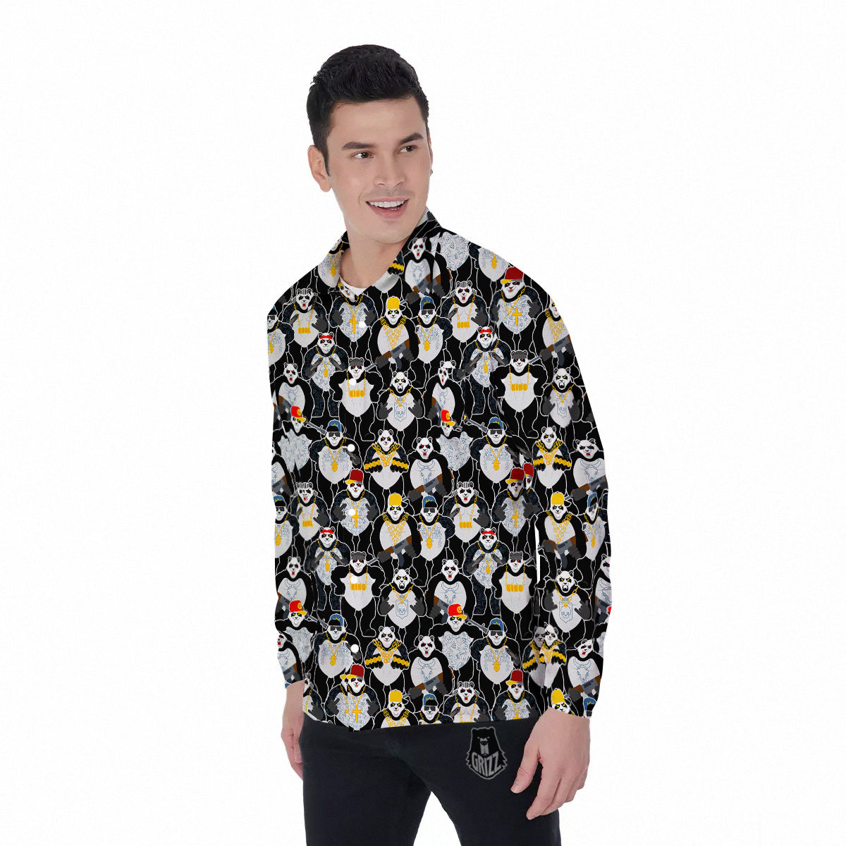 Panda Gangster Gang Print Pattern Men's Long Sleeve Shirts-grizzshop