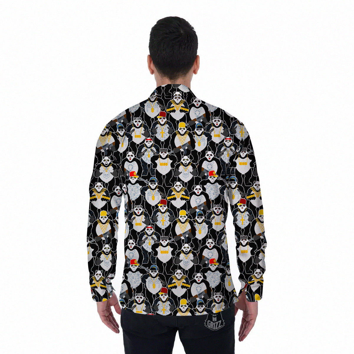 Panda Gangster Gang Print Pattern Men's Long Sleeve Shirts-grizzshop