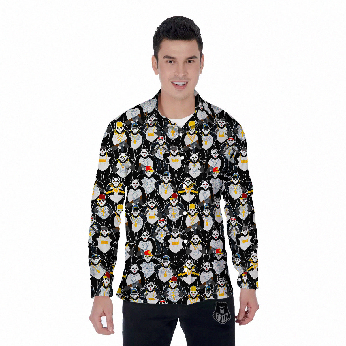 Panda Gangster Gang Print Pattern Men's Long Sleeve Shirts-grizzshop