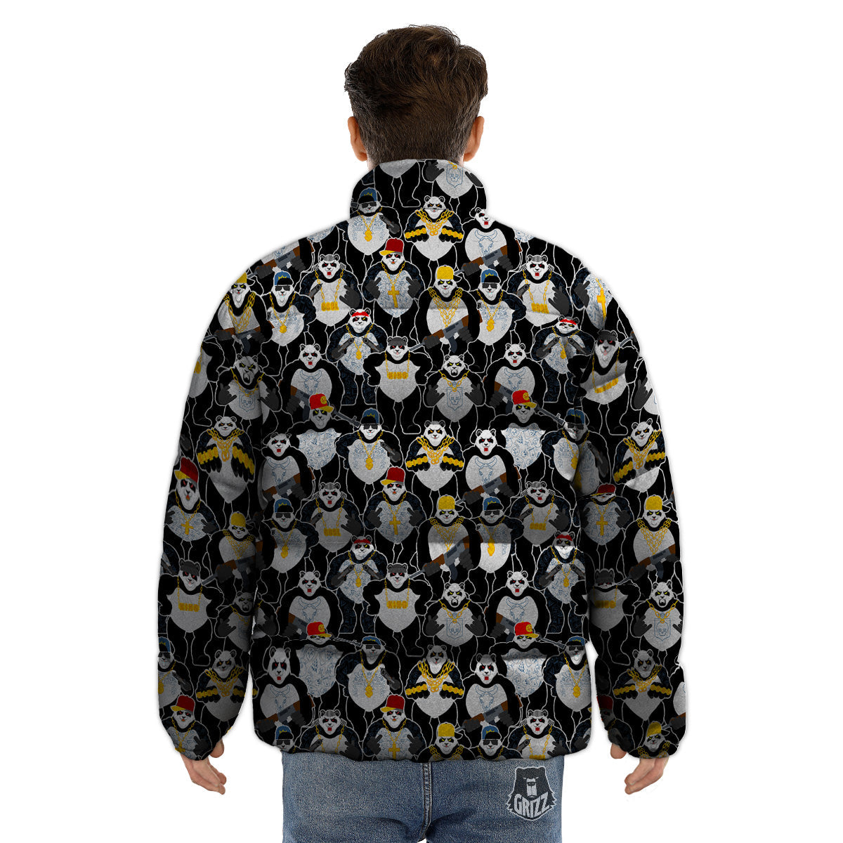 Panda Gangster Gang Print Pattern Puffer Jacket-grizzshop