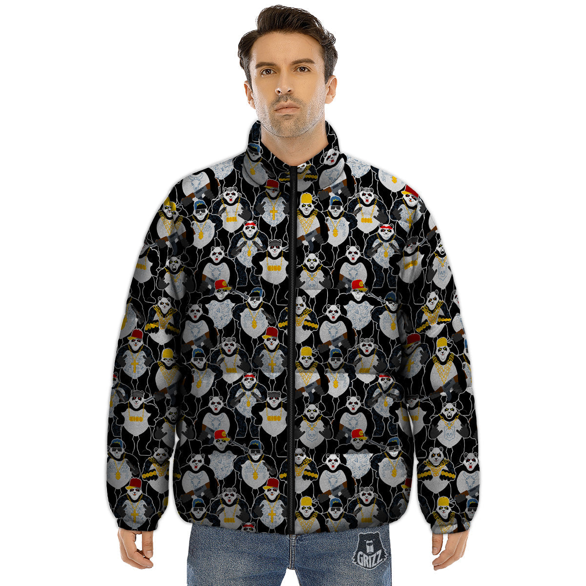 Panda Gangster Gang Print Pattern Puffer Jacket-grizzshop