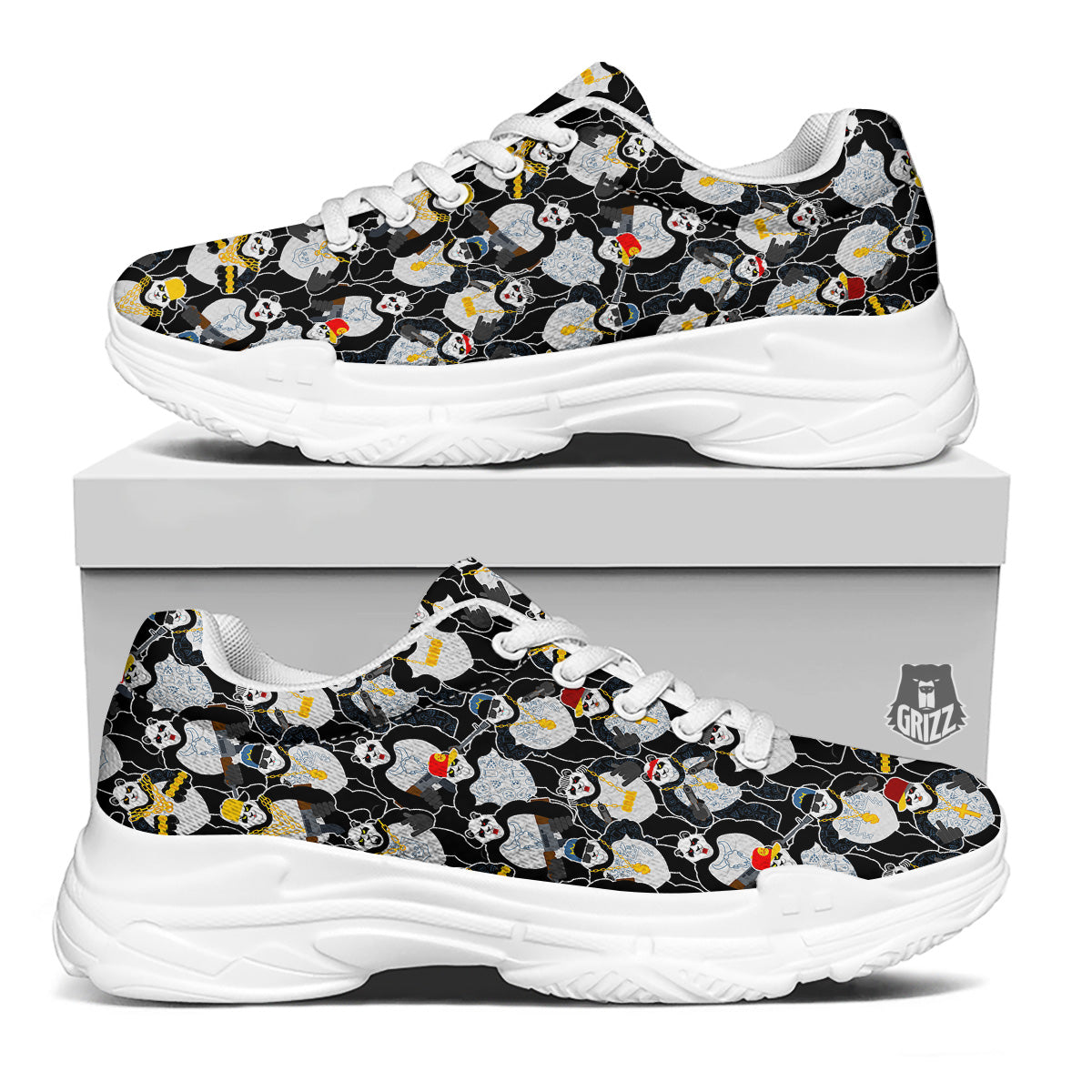Panda Gangster Gang Print Pattern White Chunky Shoes-grizzshop