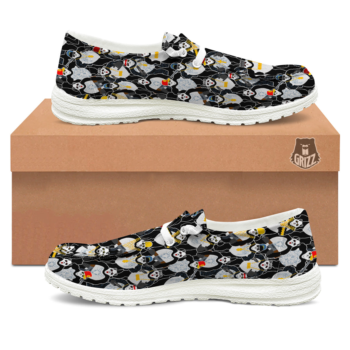 Panda Gangster Gang Print Pattern White Loafers-grizzshop