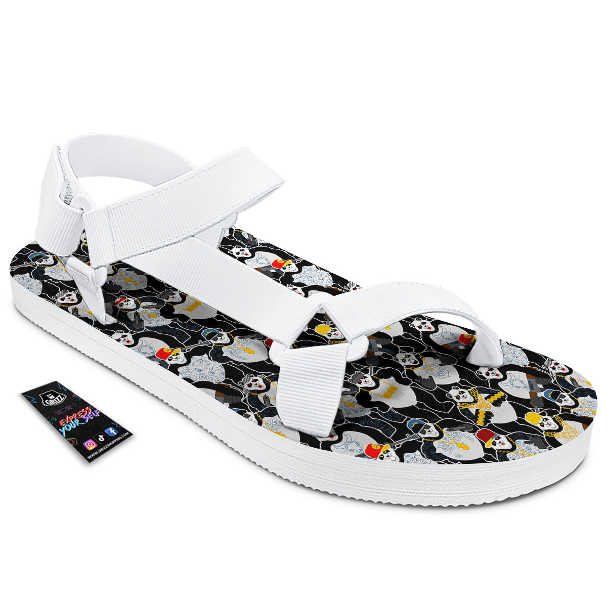 Panda Gangster Gang Print Pattern White Open Toe Sandals-grizzshop