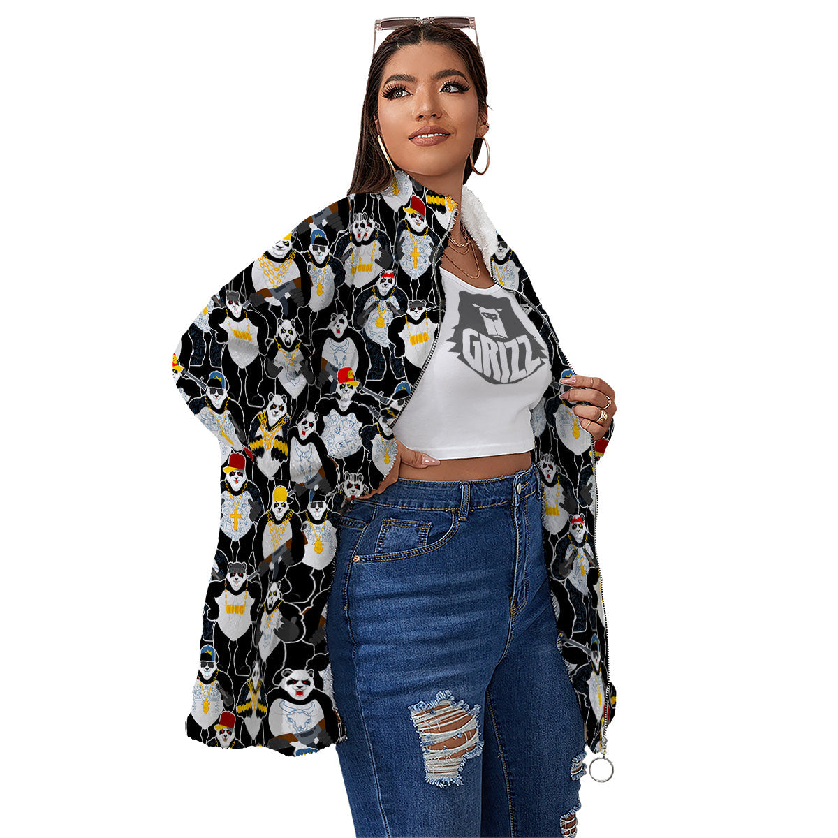 Panda Gangster Gang Print Pattern Women's Sherpa Jacket-grizzshop