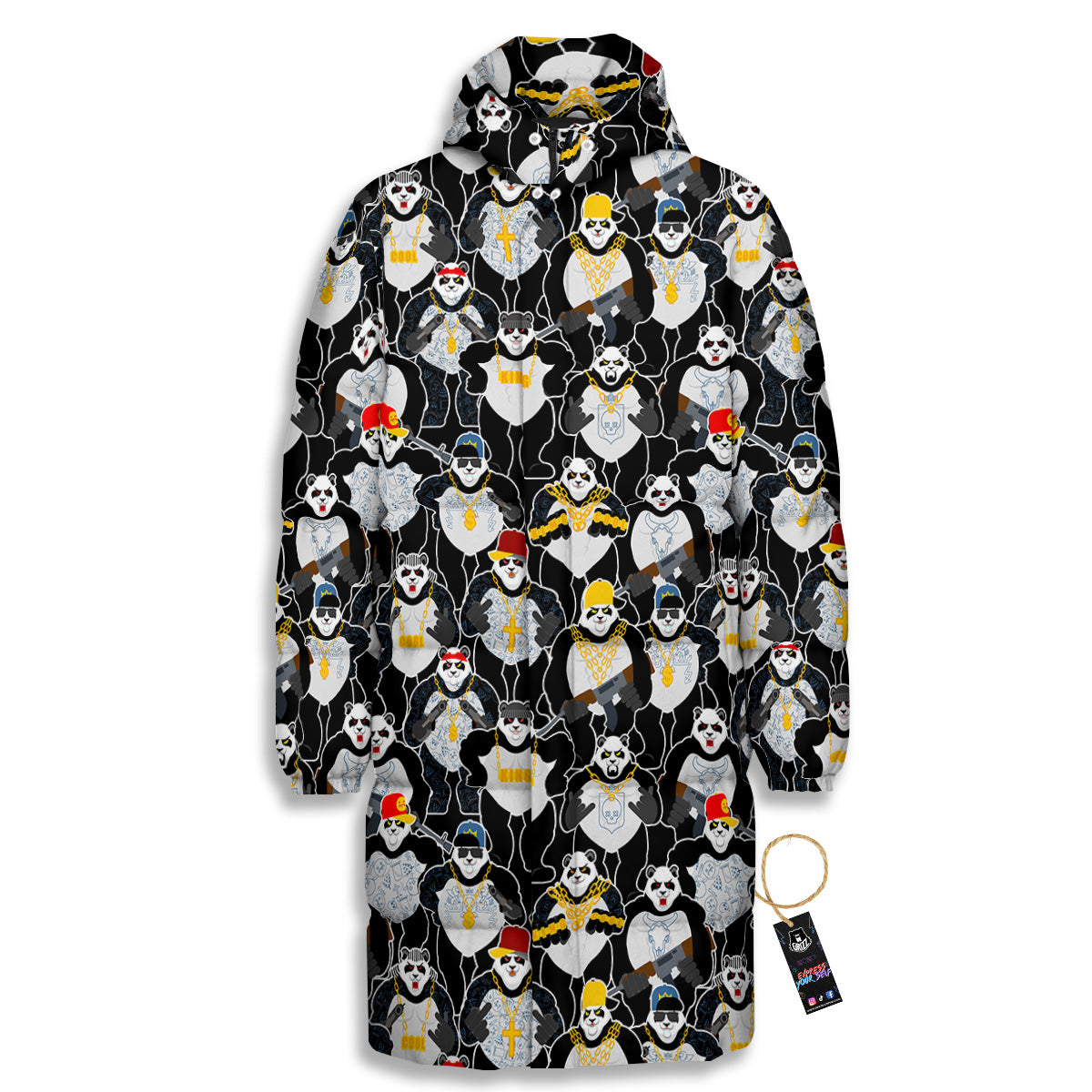 Panda Gangster Gang Print Pattern Long Down Jacket