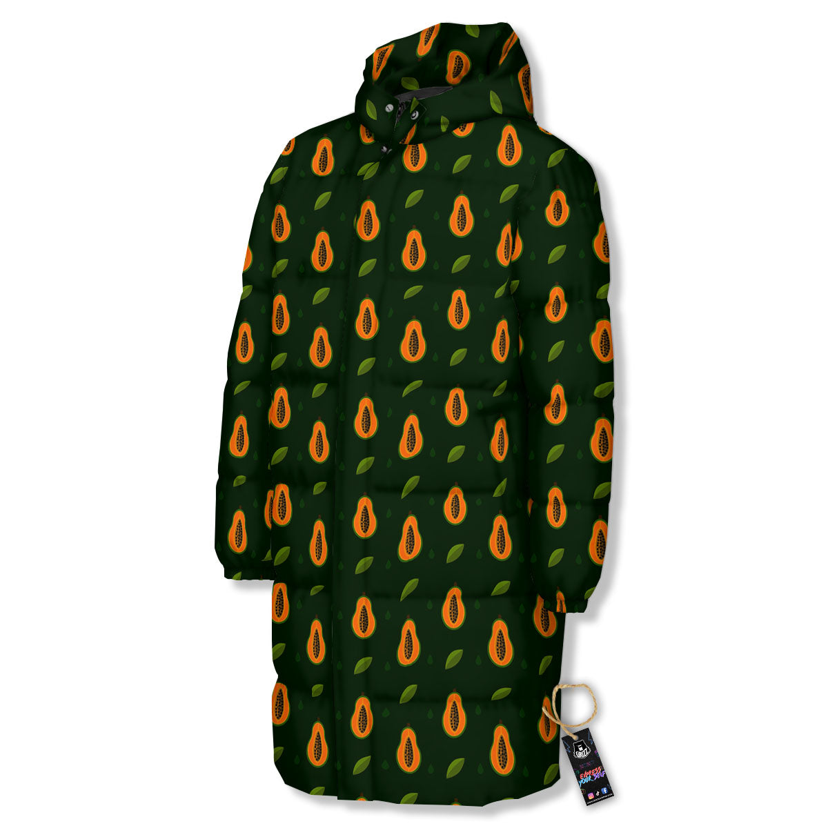 Papaya Exotic Print Pattern Long Down Jacket-grizzshop